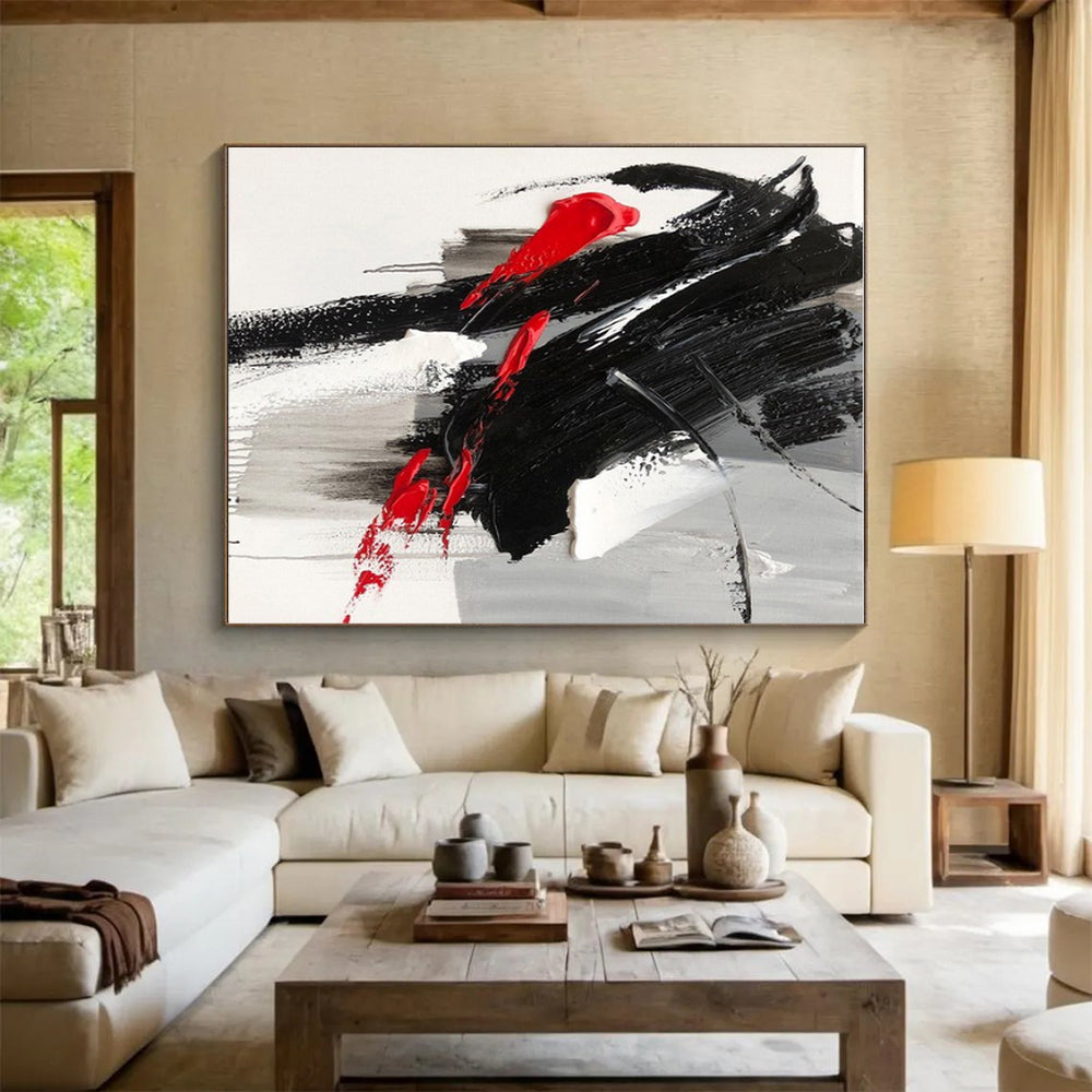 Red, Black, Gray, White Dramatic Streaks “Passion Unleashed” - Painting On Canvas PS0787