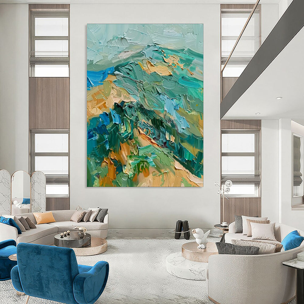 “Textured Green and Blue Impasto Landscape” - Impasto Landscape Painting On Canvas PT1938