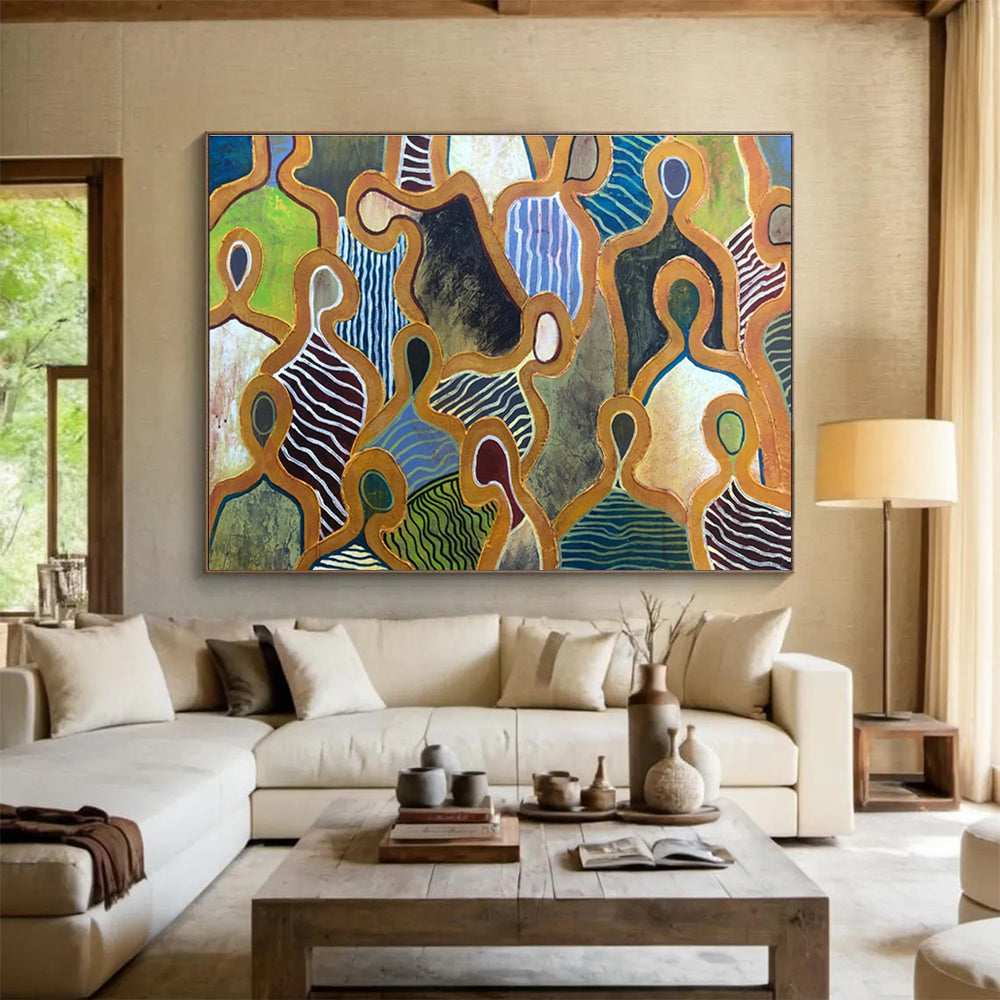 “Figurative Pattern Play” - Colorful Abstract Figures, Tribal - Inspired Painting On Canvas DKS716