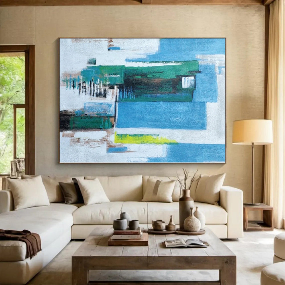 “Blue - Green Urban Abstraction” - Blue, Green, White Abstract Painting On Canvas PS0465