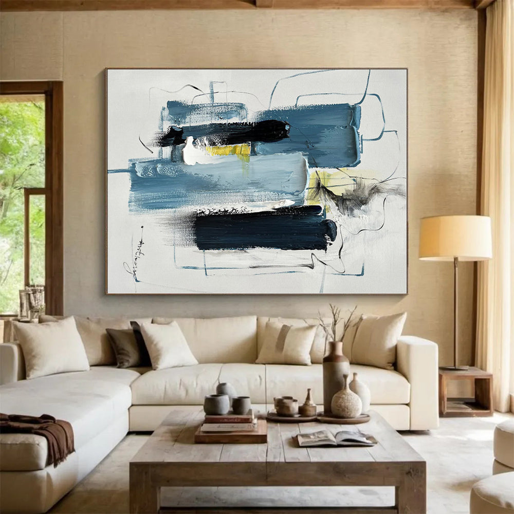“Blue - Black - Yellow Abstract Forms” - Blue, Black, Yellow, White Abstract Painting On Canvas PS0516