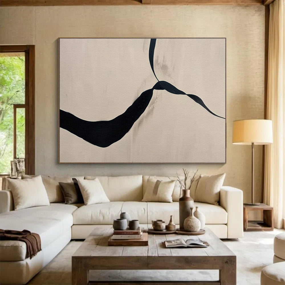 Black and Beige Curved Ribbon Minimalist Abstract Painting On Canvas DKS145
