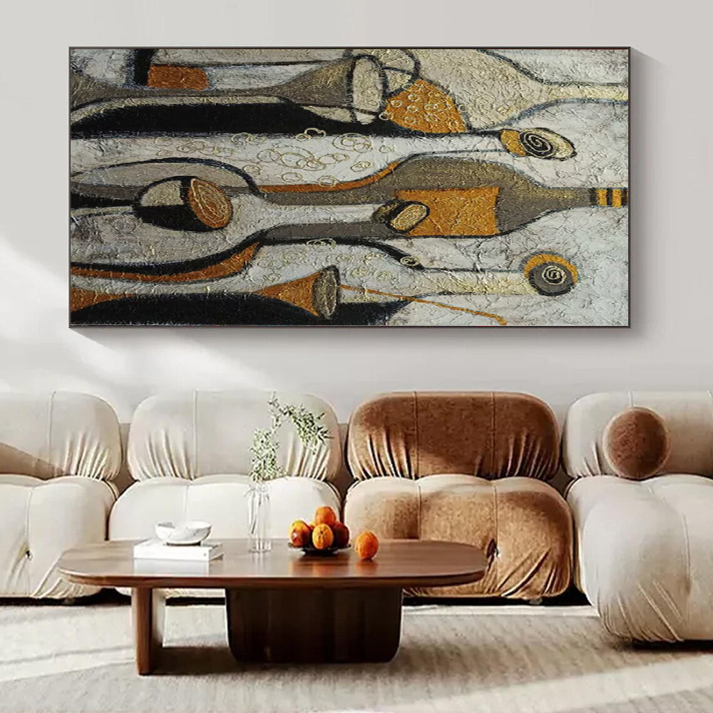 Beige, Gold, Black with Stylized Bottles "Vintage Soiree" Abstract Still - Life Painting On Canvas PS1193