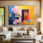 Geometric Doorway: Blue, Pink & Yellow Abstract Cubist Architecture Painting for Contemporary Office & Art - Lovers’ Café DKS642