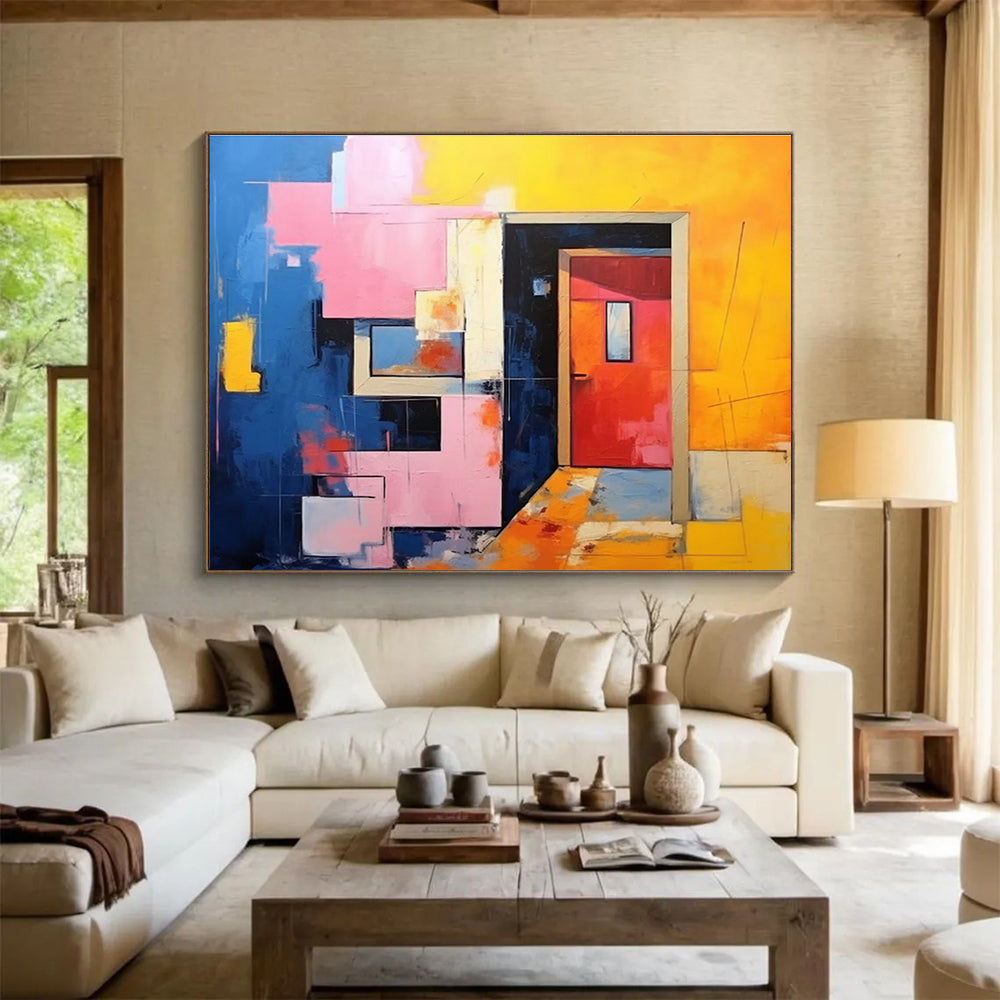 Geometric Doorway: Blue, Pink & Yellow Abstract Cubist Architecture Painting for Contemporary Office & Art - Lovers’ Café DKS642
