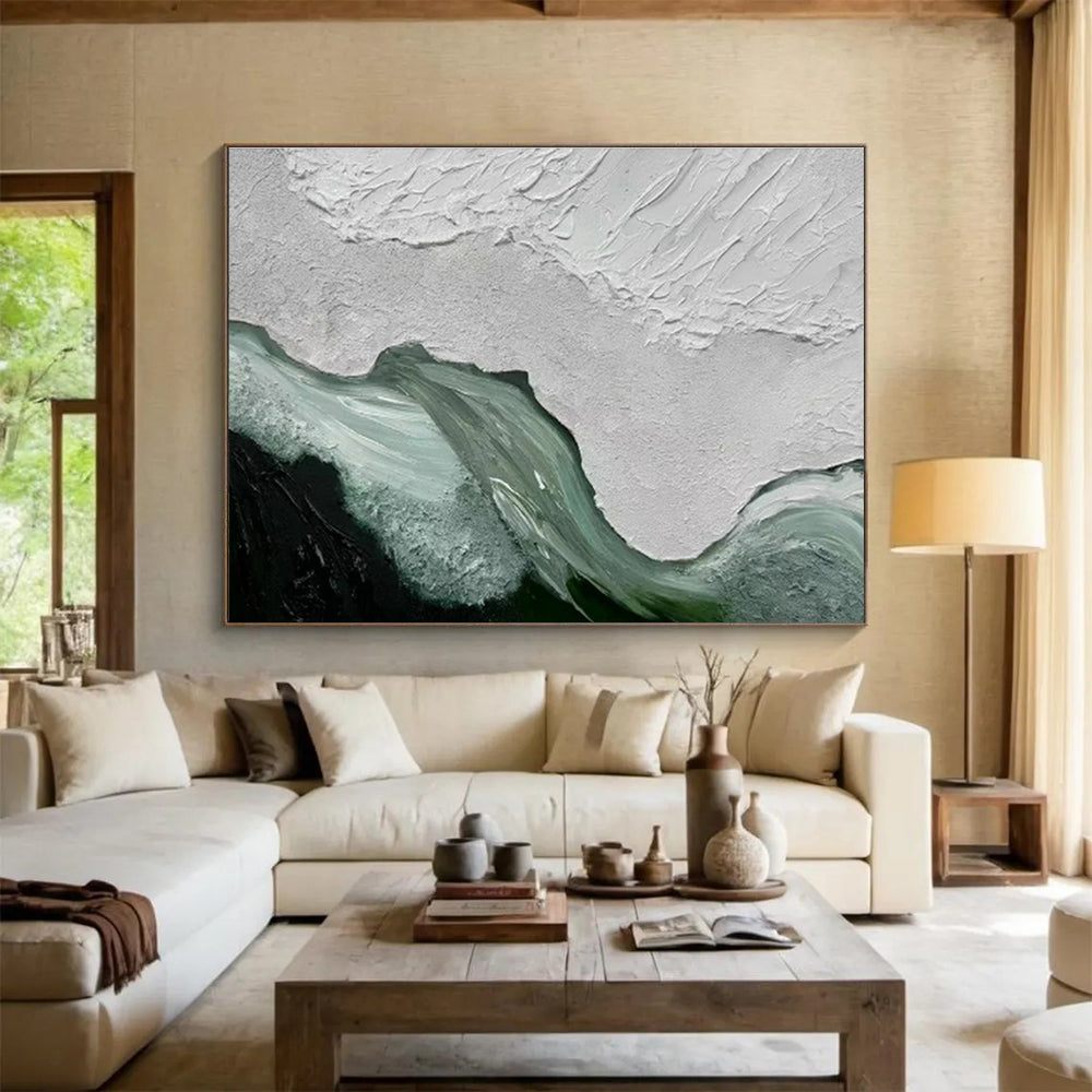 “Textured White - Green Abstraction” - White, Green & Black Abstract, Impasto Acrylic Painting On Canvas DKS744