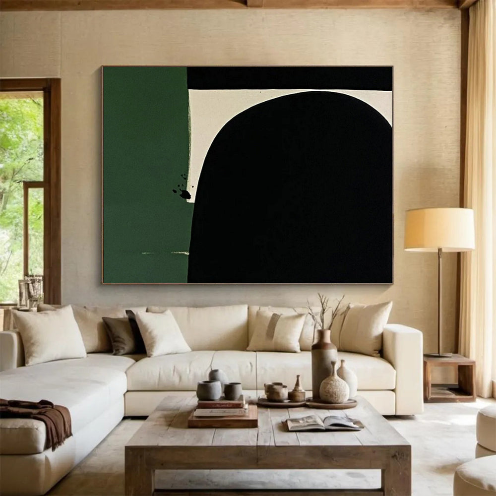 “Minimalist Color Blocks” - Black, Green, White Abstract Geometric Painting On Canvas PS0651