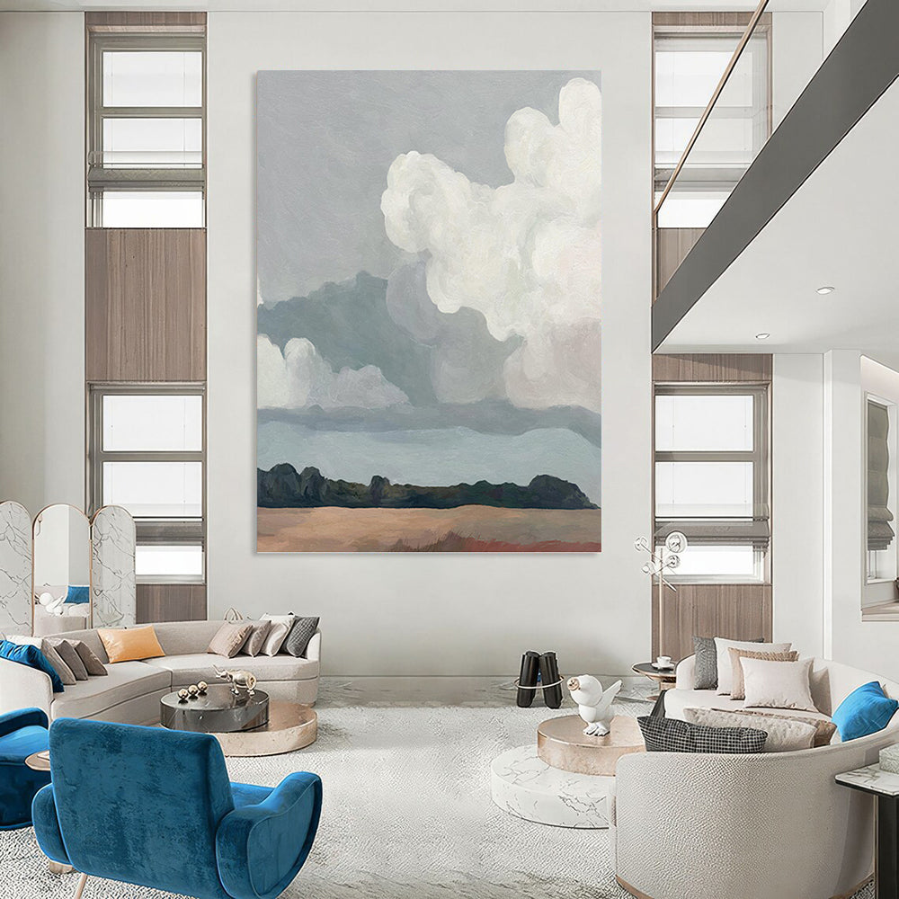 “Simple Skies & Plains” - Gray, White, Minimalist Landscape Painting On Canvas PT1463
