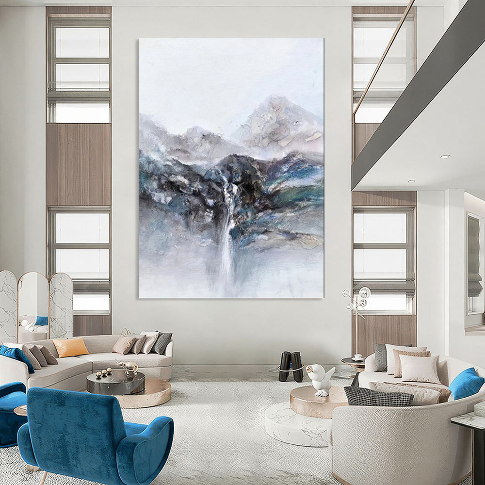 “Mountain - Waterfall Abstract in Gray - Blue” - Landscape Abstract Painting On Canvas PT1961