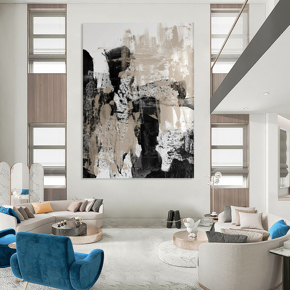 “Monochrome Textures: Black, White, and Beige Abstract” - Expressionistic Minimalist Art On Canvas PT0966