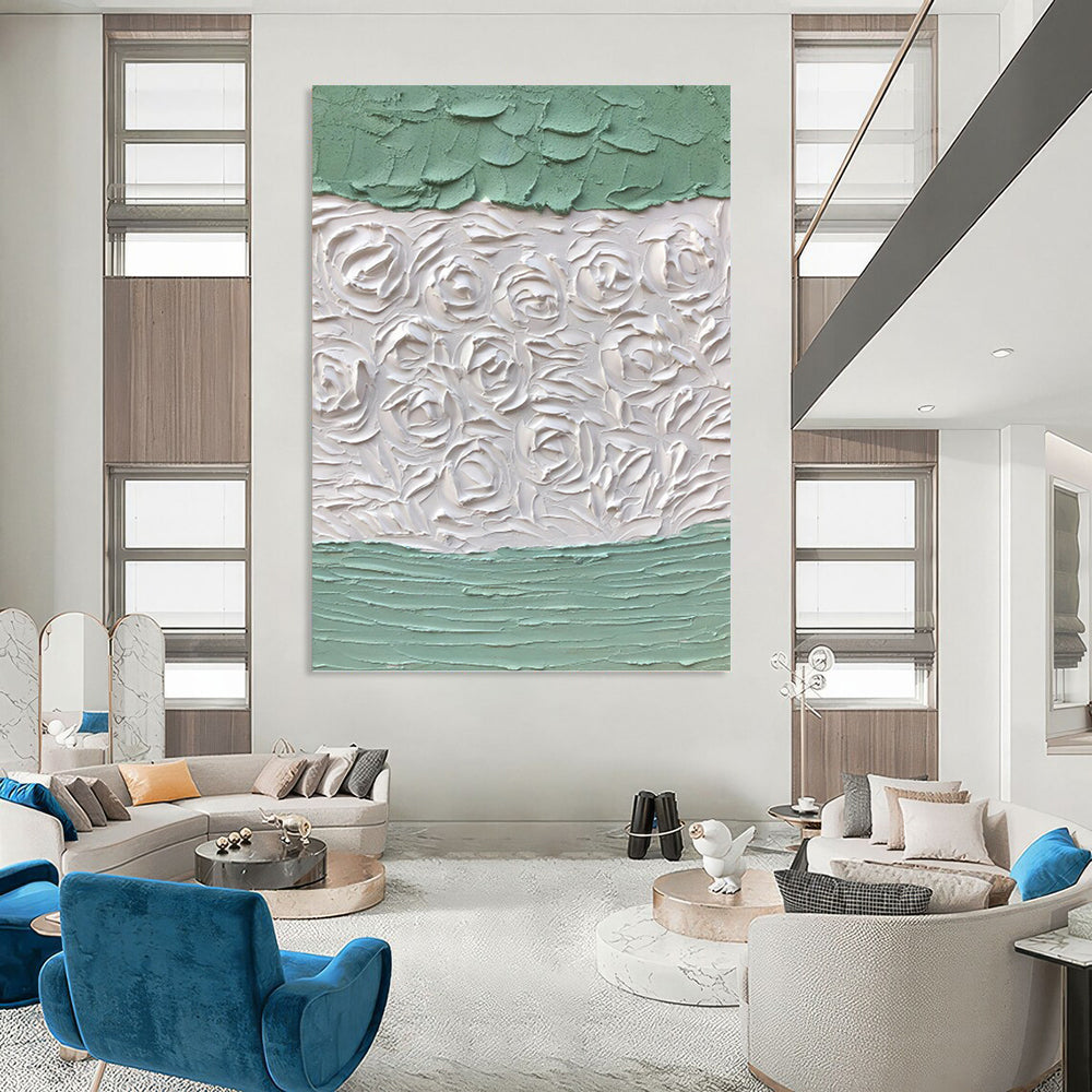 “Green - White Textured Roses” - Textured Abstract Painting On Canvas PT1269