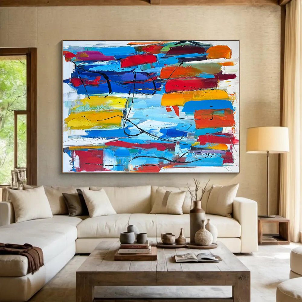 “Colorful Abstract Carnival” - Multicolor, Red, Blue, Yellow, Orange Abstract Expressionist Painting On Canvas PS0646