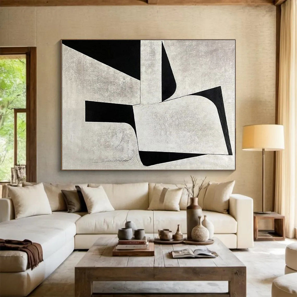 “Monochrome Geometric Shapes” - Beige, Black Abstract Minimalist Painting On Canvas PS0671