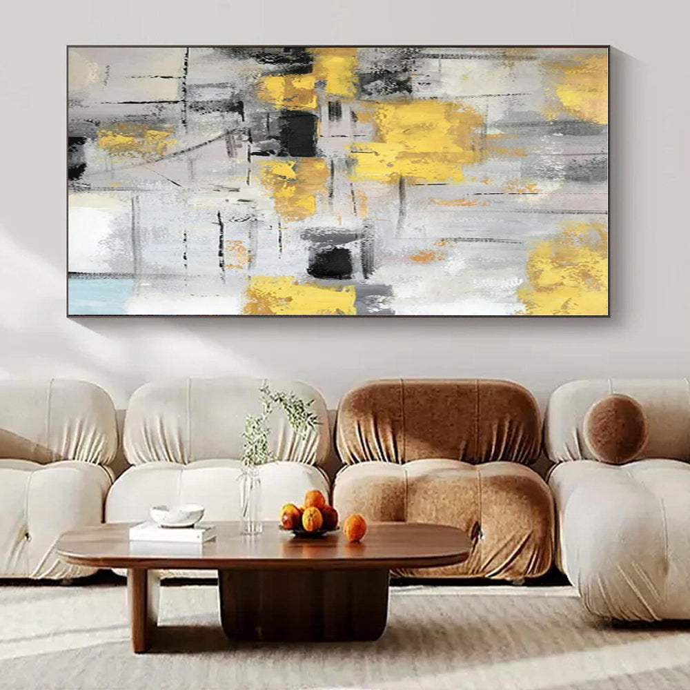 Gray, Yellow, Black with Abstract Blocks "Urban Gleam" Abstract Painting On Canvas PS1314
