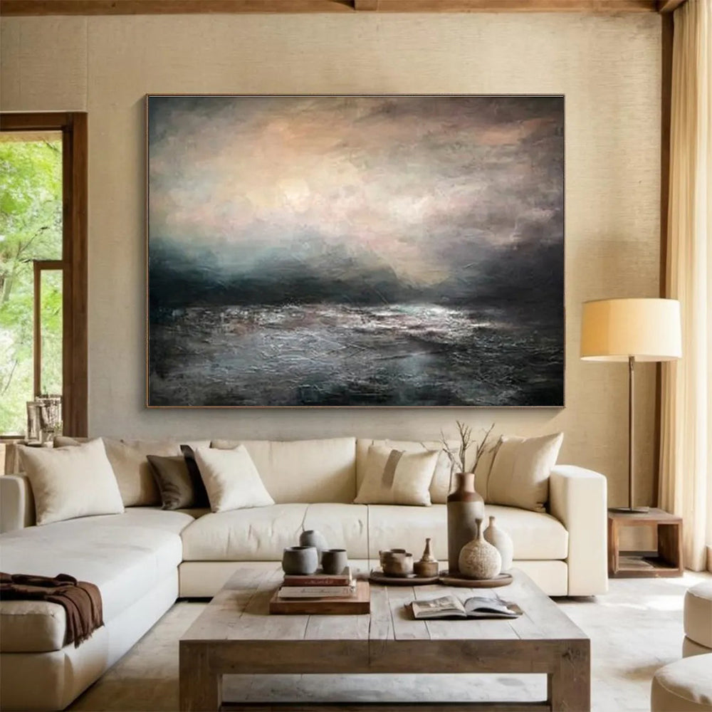 “Moody Gray Seascape” - Gray, Black & White Seascape, Impressionistic Oil Painting On Canvas DKS769