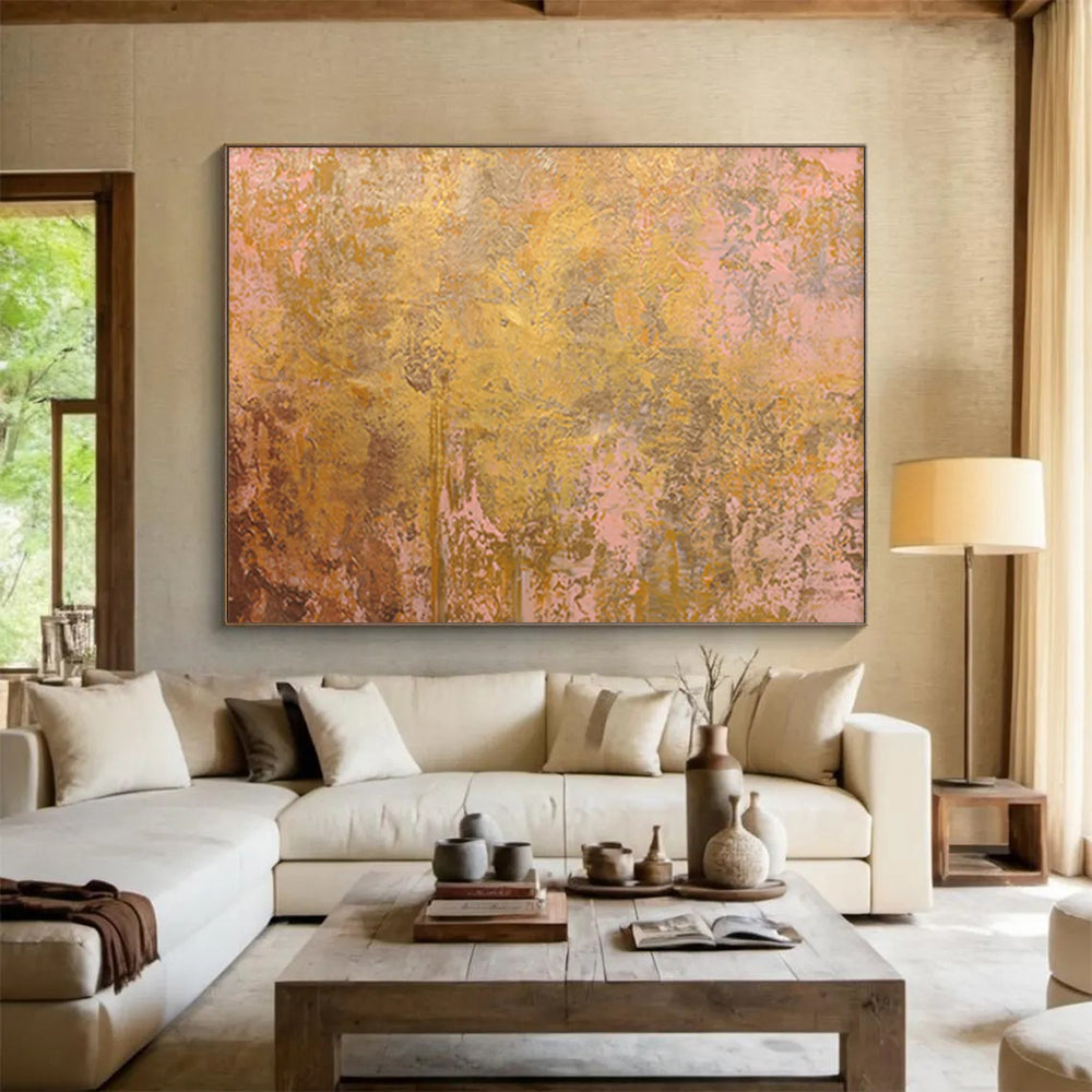 Gold & Pink Textured Abstract Painting On Canvas DKS022