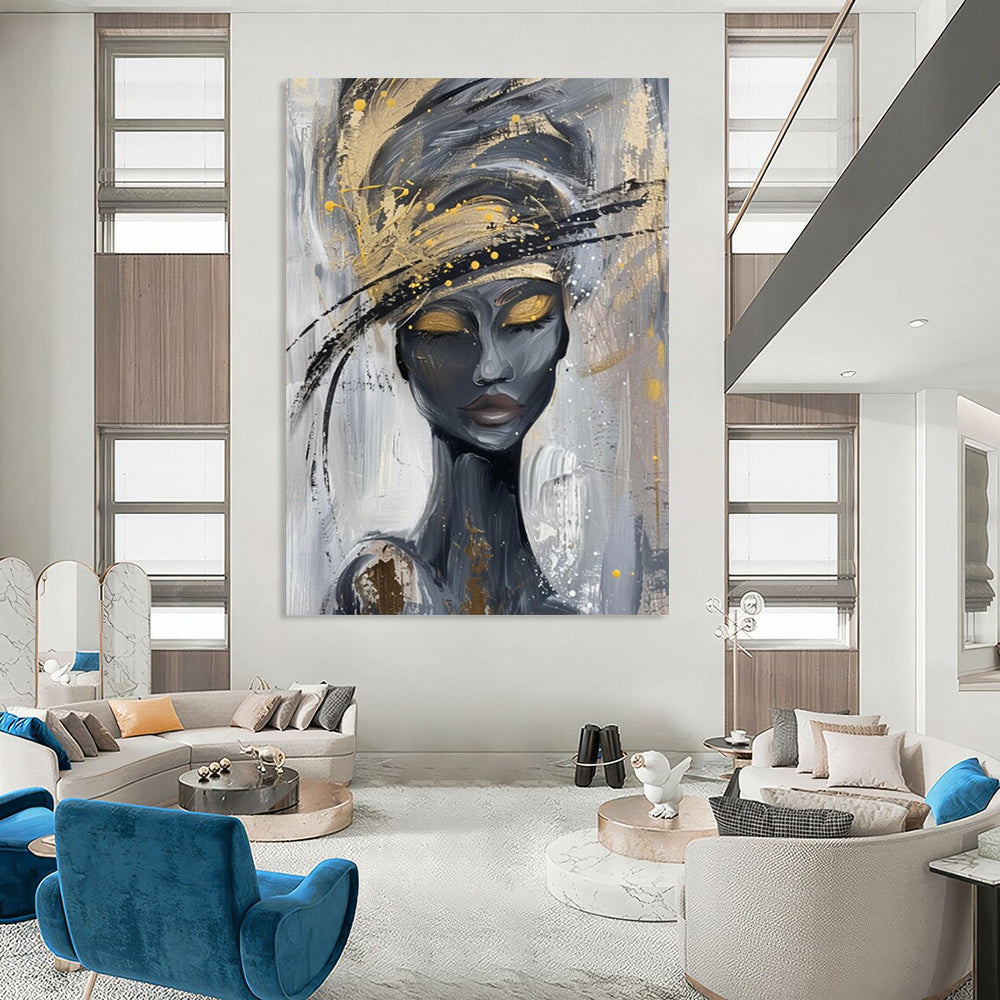 “Stylized Woman with Gold and Gray” - Contemporary Acrylic Painting On Canvas PT2197