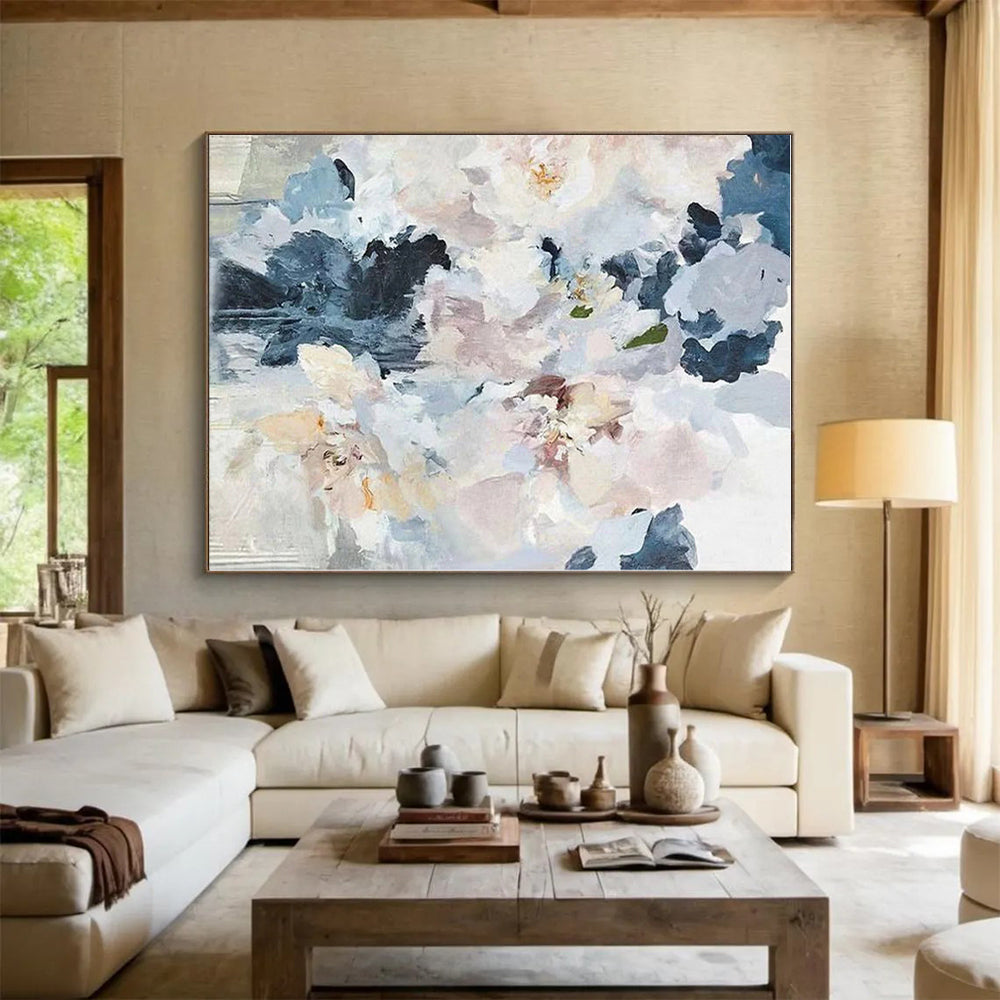 “Repeated Soft Floral Bouquet” - Blue, White, Pink Abstract Floral Painting On Canvas PS0589
