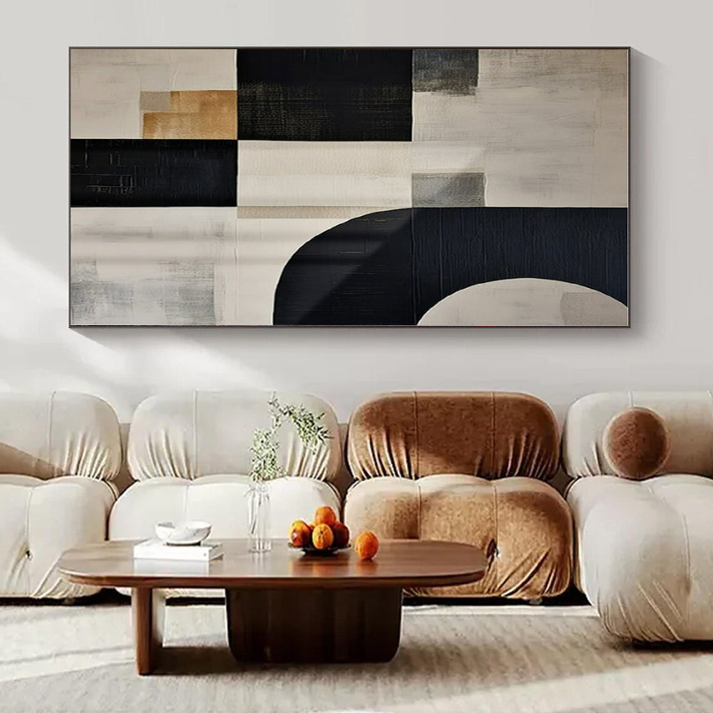 Black, White, Gray, Gold with Mixed Shapes "Elegant Fusion" Abstract Painting On Canvas PS1373