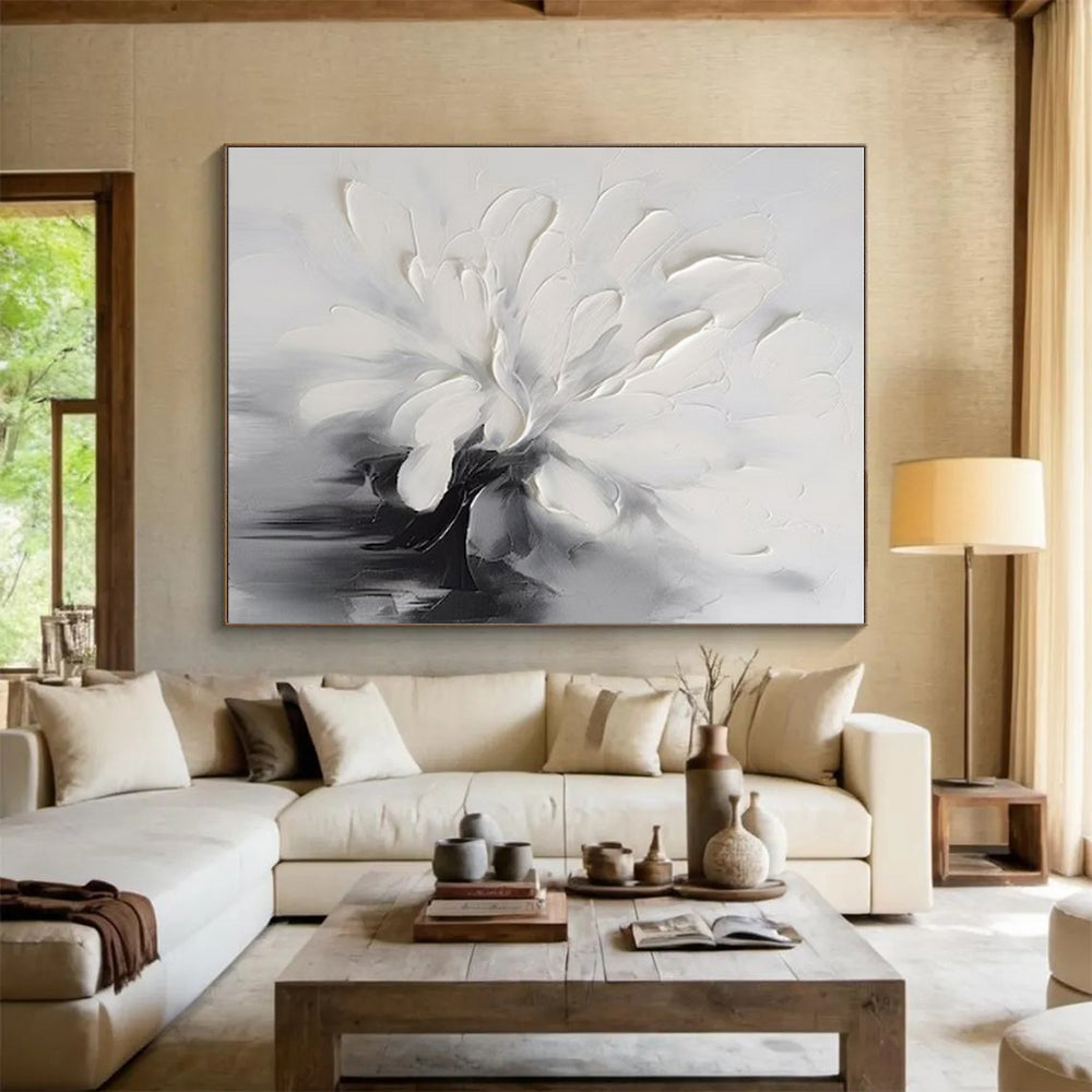“Textured White Flower” - White, Gray, Black Textured Floral Painting On Canvas PS0767
