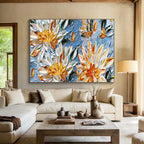 “Yellow and White Flowers on Blue” - Impasto Oil Painting On Canvas DKS896