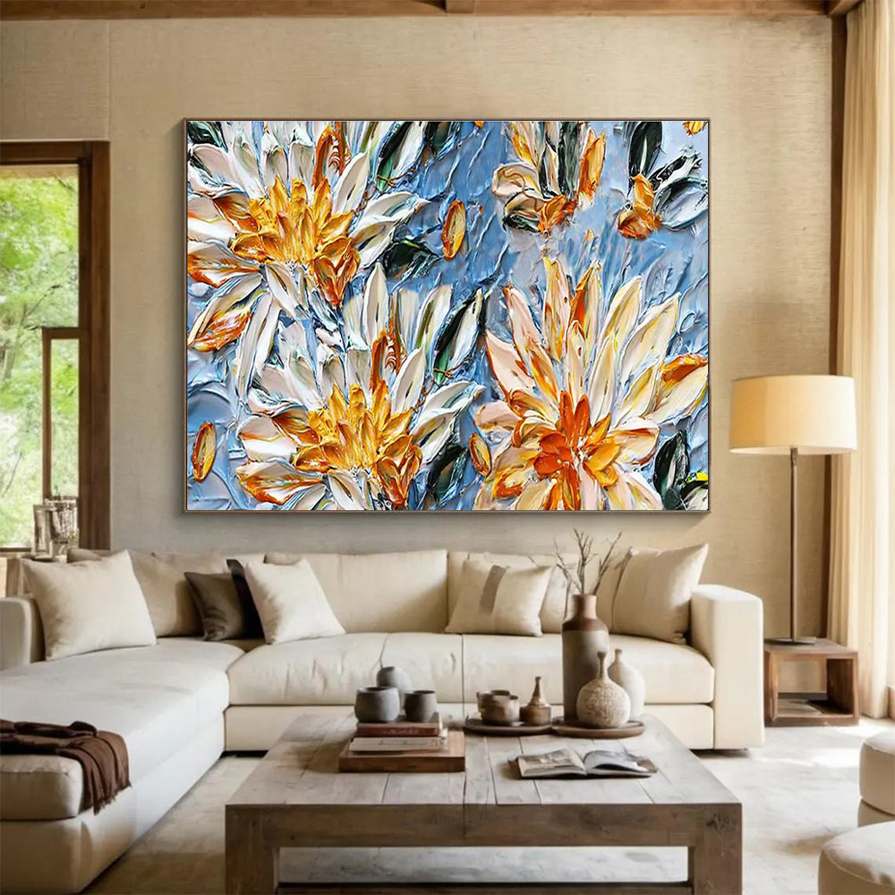 “Yellow and White Flowers on Blue” - Impasto Oil Painting On Canvas DKS896