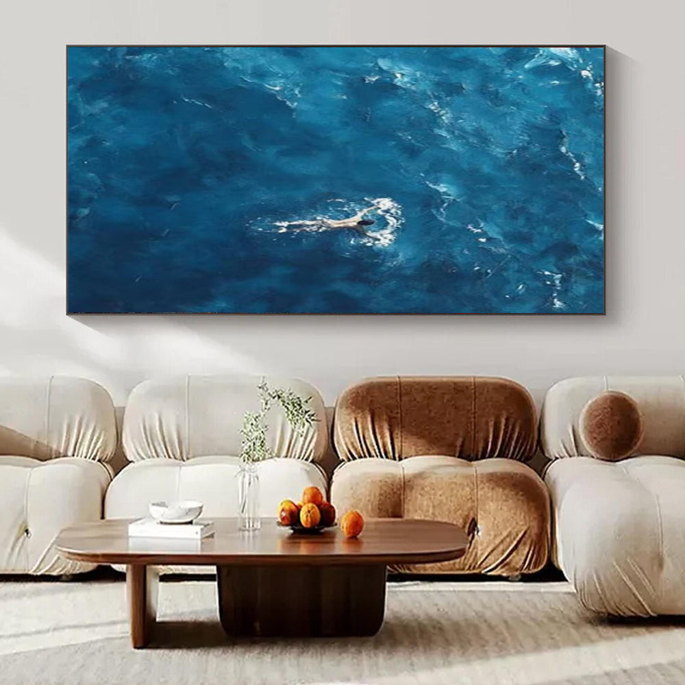 Aerial View of Swimmer in Deep Blue Water "Solitude at Sea" Photorealistic Painting On Canvas PS1065