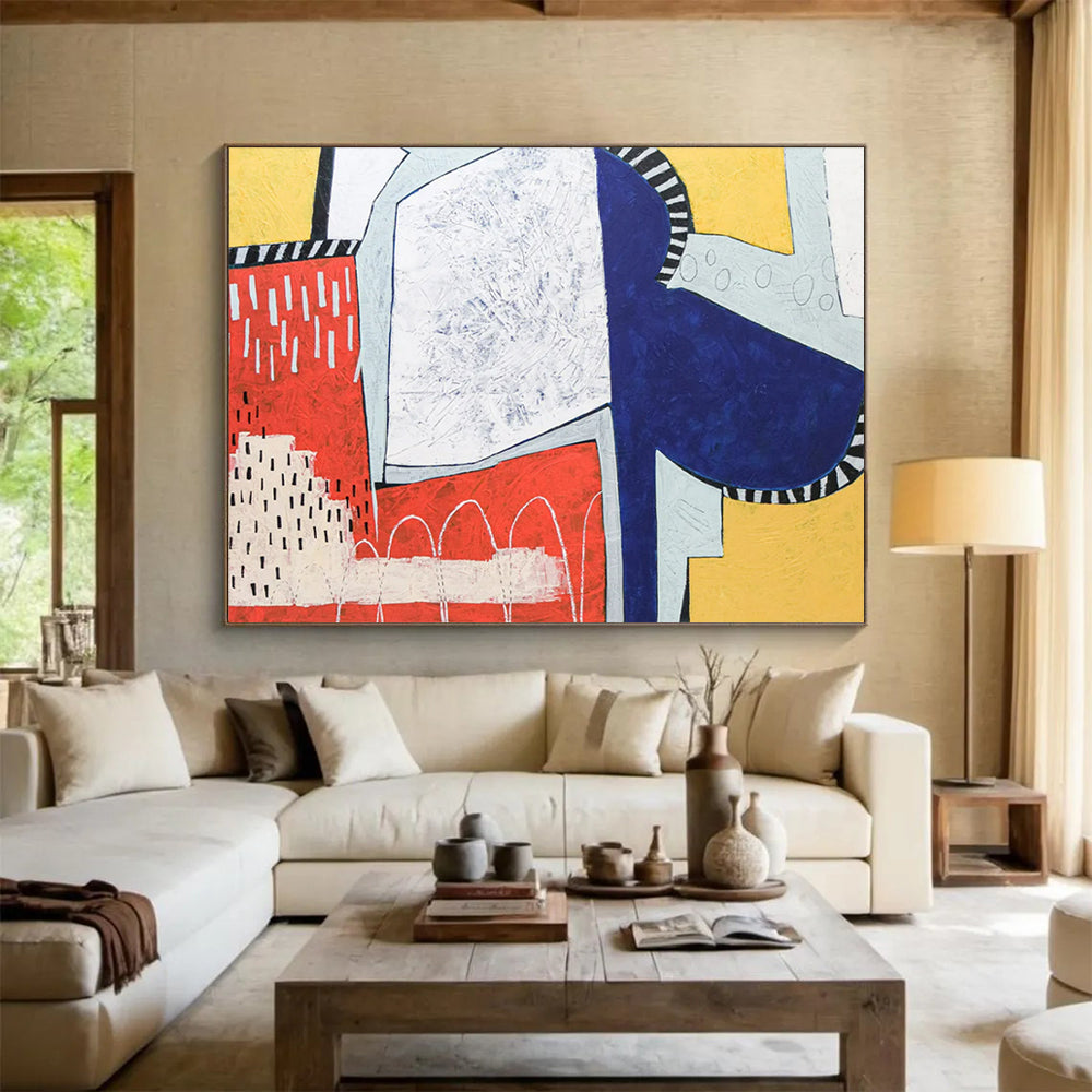 “Colorful Geometric Collage Like Shapes” Cubist Abstract Painting On Canvas PT1804