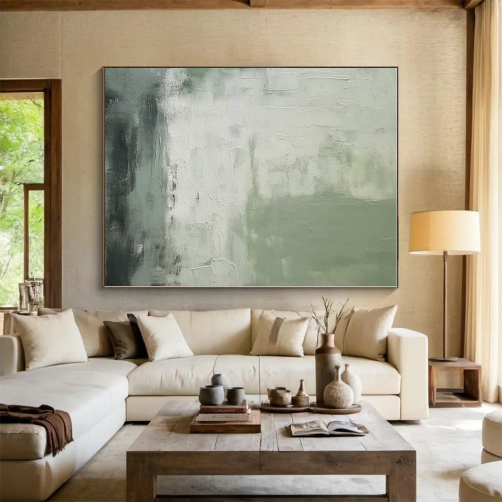 “Green - Gray - White Textured Abstraction” - Green, Gray, White Abstract Painting On Canvas PS0523