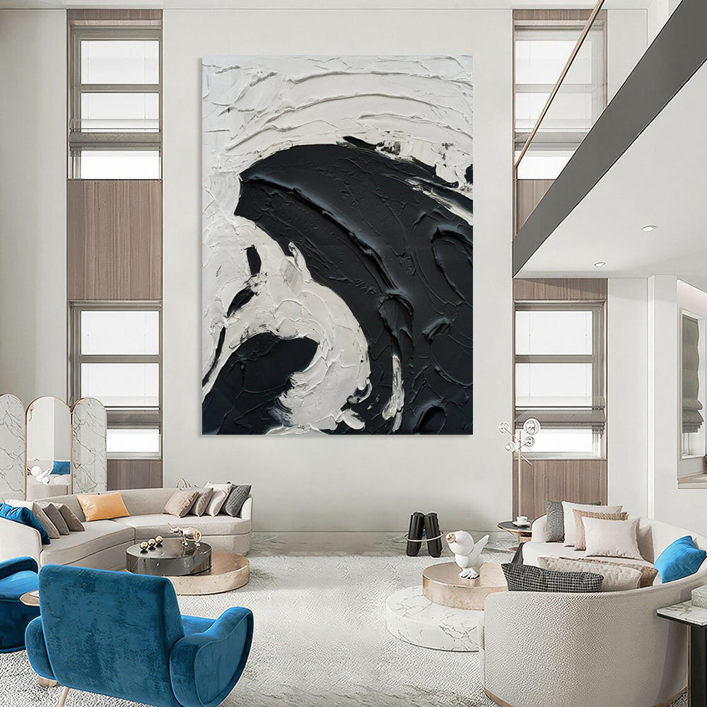 “Bold Black and White Textured Swirls” - Dynamic Abstract Painting On Canvas DS389