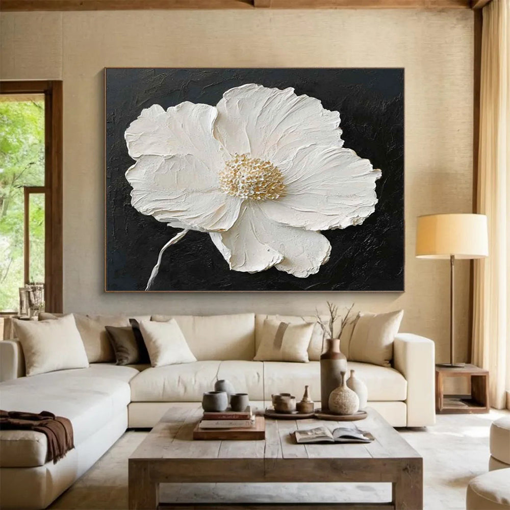 “Textured White Flower on Black” - Impasto Floral Painting On Canvas PT091
