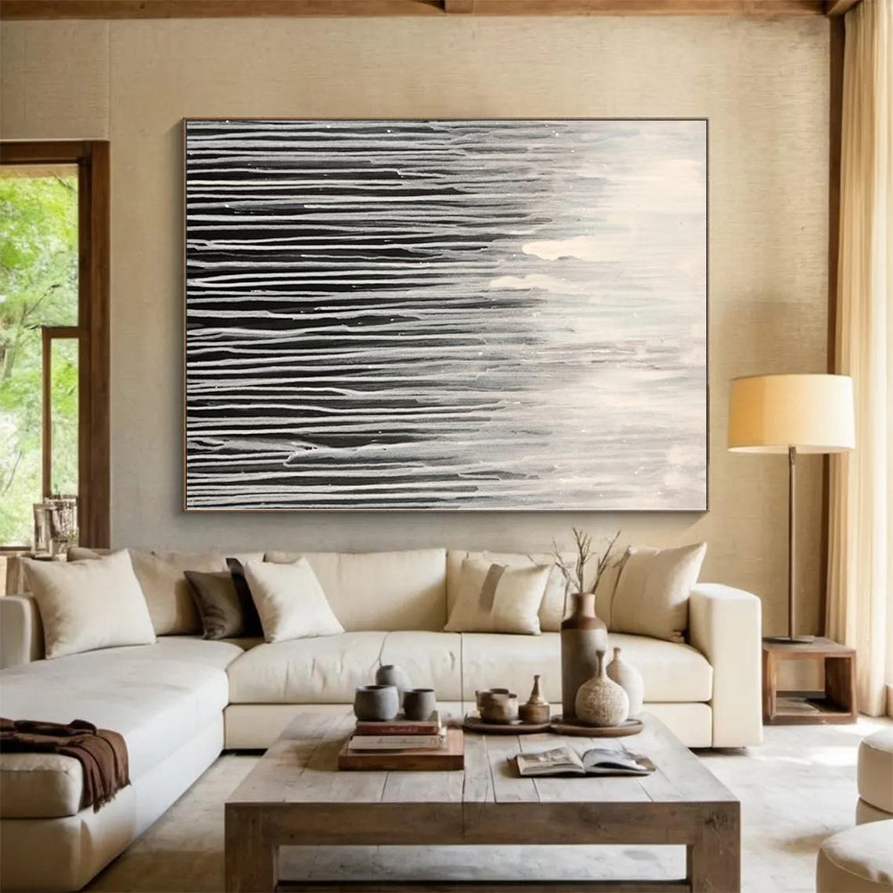 “Black - White Dripping Abstract Curtain” - Minimalist Abstract Painting On Canvas PS0302