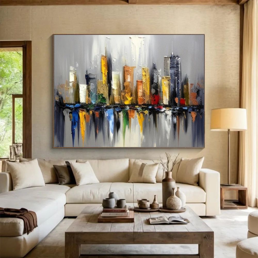 “Colorful Cityscape Reflection” - Impasto Urban Painting On Canvas PT067