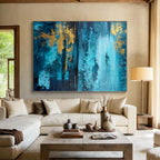 “Teal - Gold Abstract Landscape” - Teal, Gold, Blue Abstract Painting On Canvas PS0446