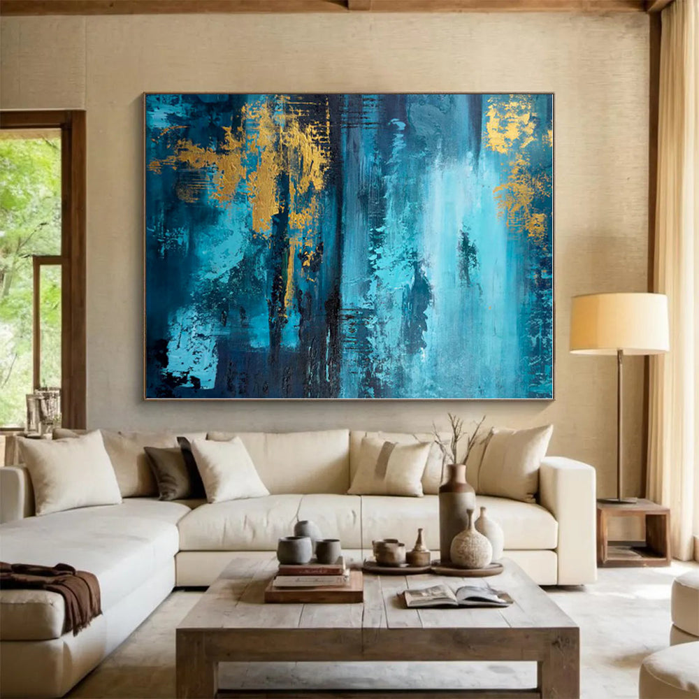 “Teal - Gold Abstract Landscape” - Teal, Gold, Blue Abstract Painting On Canvas PS0446