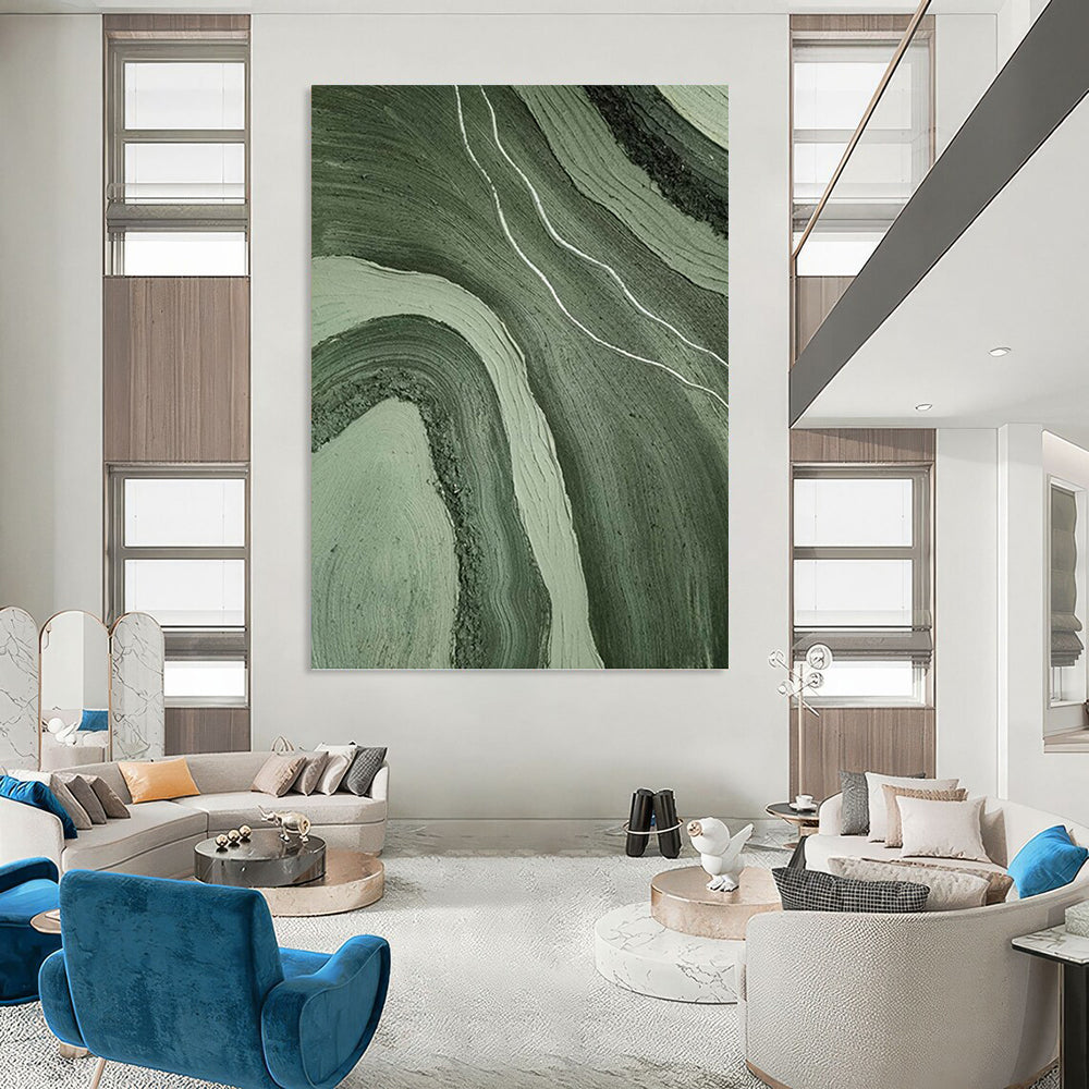 “Green & Gray Flowing Textures” - Green, Gray, Fluid Abstract Painting On Canvas PT1484