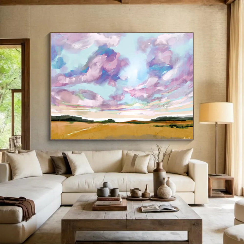 “Vibrant Sky and Field Abstract Landscape” - Cheerful Landscape Painting On Canvas PT149
