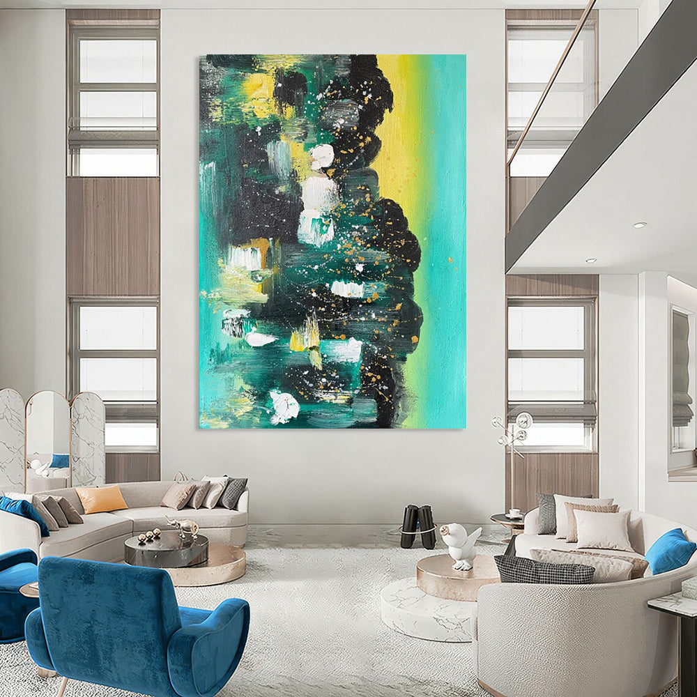 “Teal - Gold Abstract Splatter” - Abstract Expressionist Painting On Canvas DS038