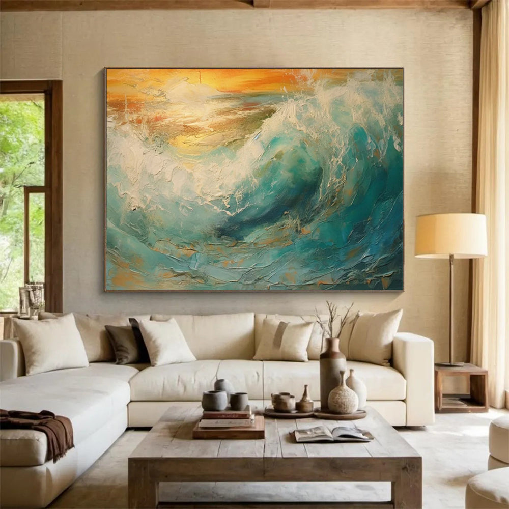 “Textured Ocean Wave at Sunset” Impasto Seascape Painting On Canvas PT1801