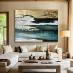 “Gold - Teal - White Textures” - Metallic Accents “Gilded Tide” Painting On Canvas PT1633