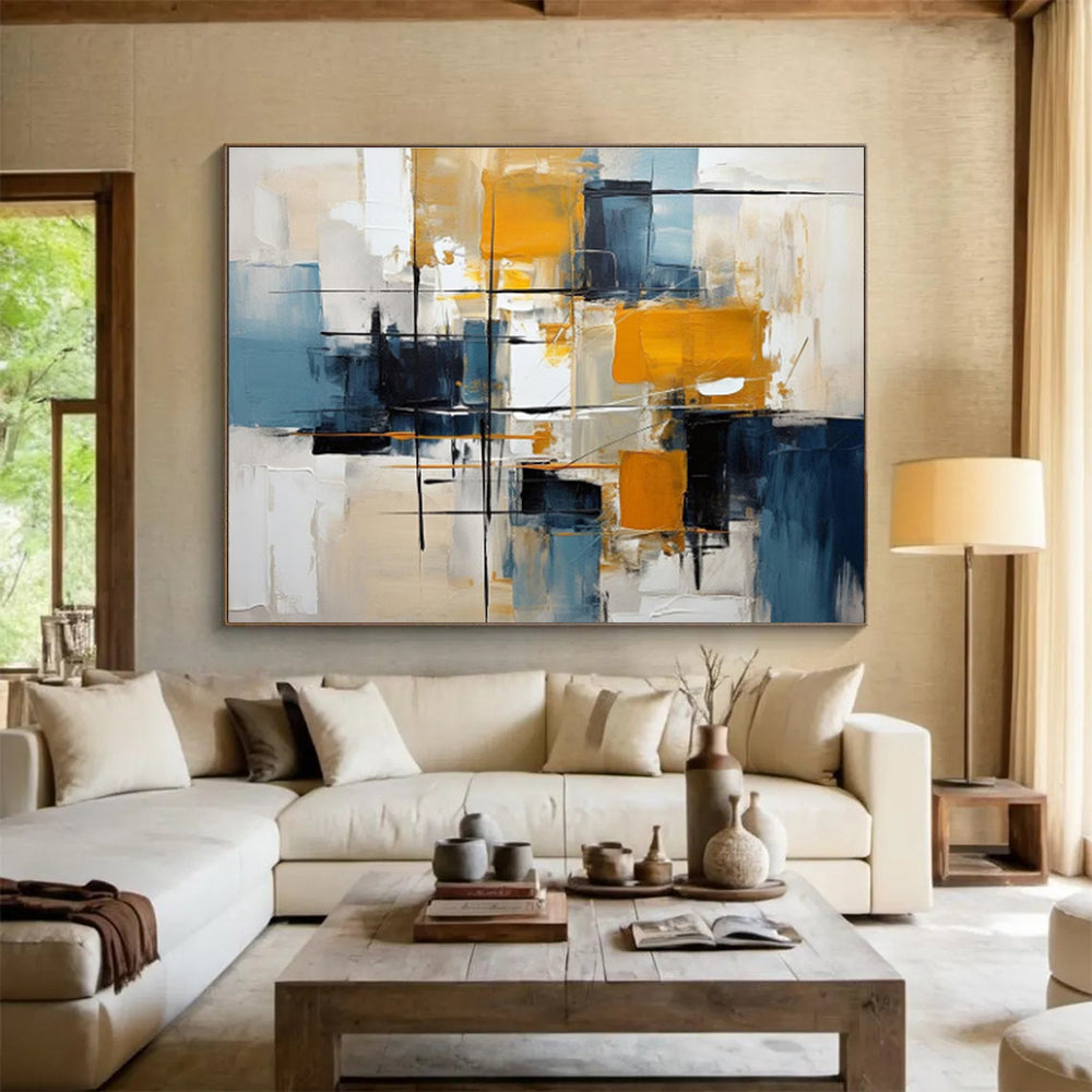 “Geometric Yellows and Blues” Abstract Painting On Canvas DKS183