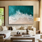 “Aerial Beach Waves” - Turquoise, White & Beige Coastal, Abstract Aerial Painting On Canvas DKS699
