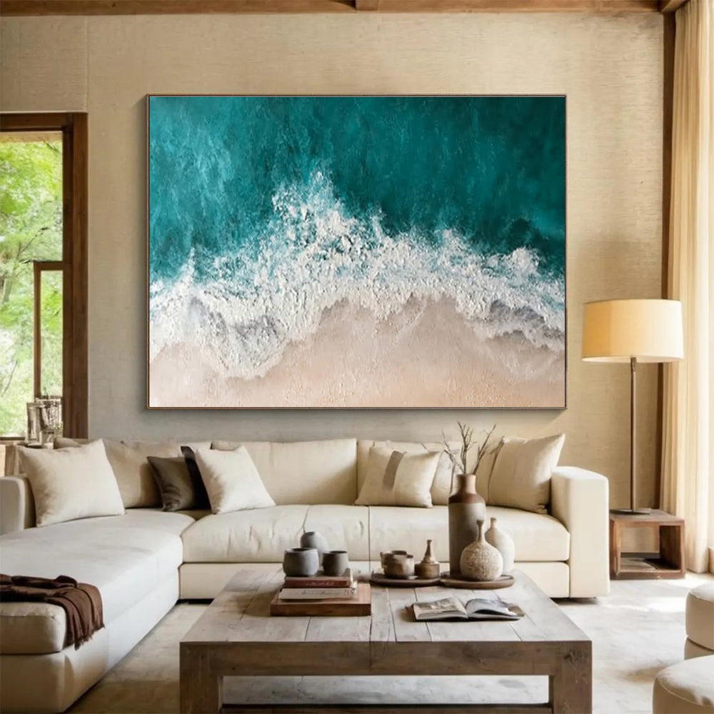 “Aerial Beach Waves” - Turquoise, White & Beige Coastal, Abstract Aerial Painting On Canvas DKS699