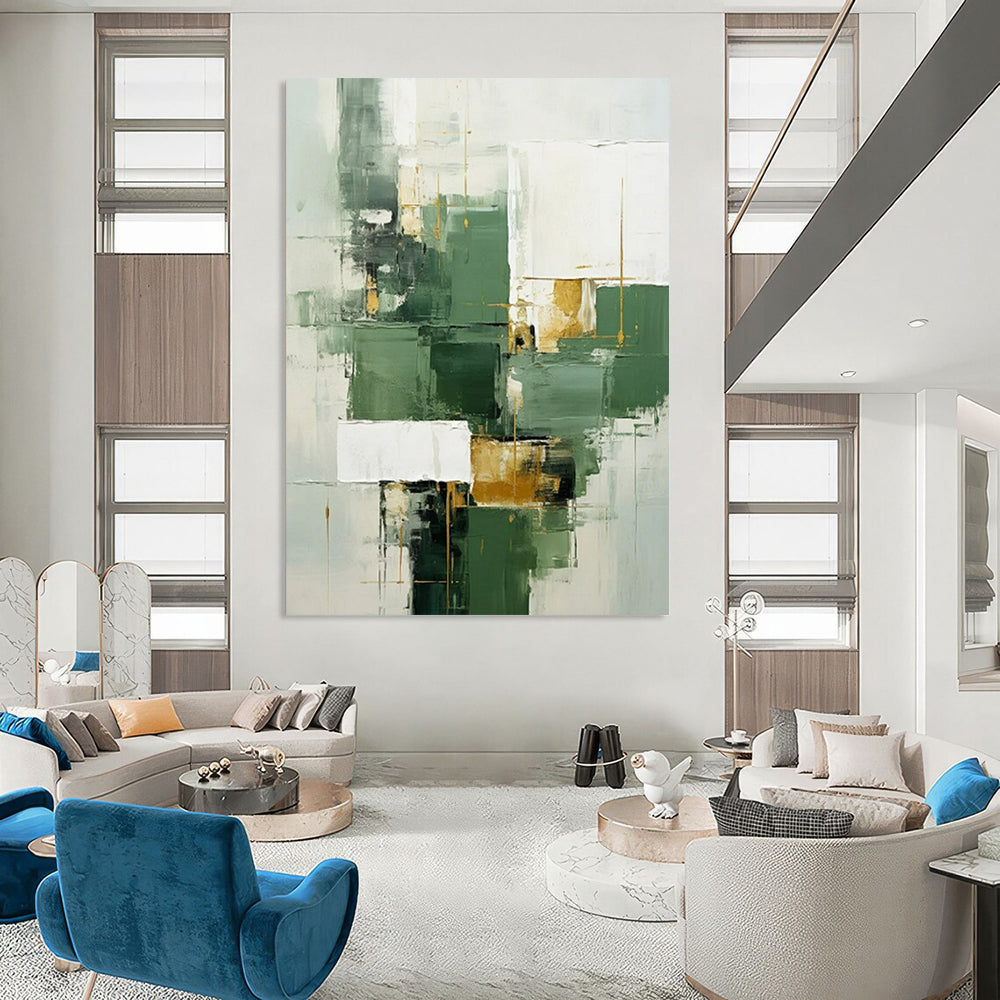 “Green, White, and Gold Abstract” - Cubist Geometric Painting On Canvas PT2292