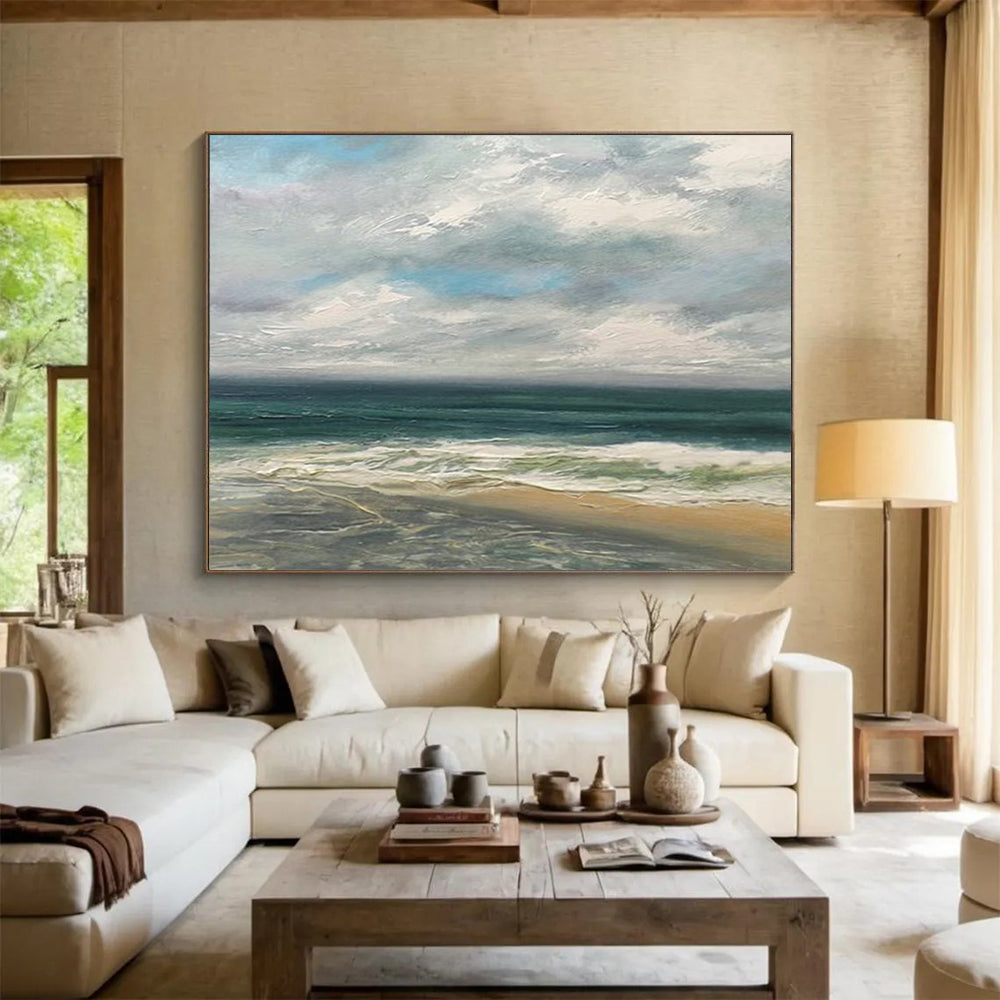“Serene Coastal Scene in Blues and Grays” - Realistic Seaside Oil Painting On Canvas PT021