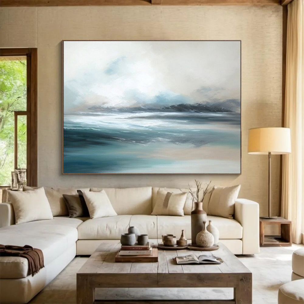 “Blue - Gray Abstract Seascape” - Calm Blue “Serene Shores” Painting On Canvas PT1638