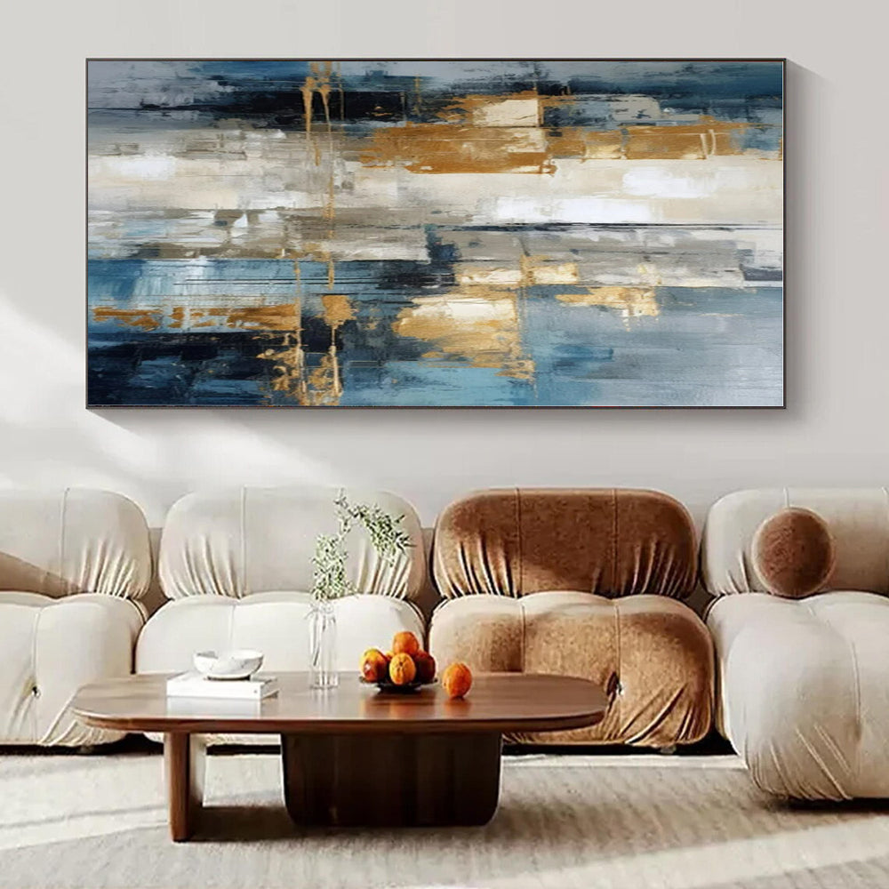 Blue, Gold, Gray with Abstract Forms "Gilded Skies" Abstract Painting On Canvas PS1257