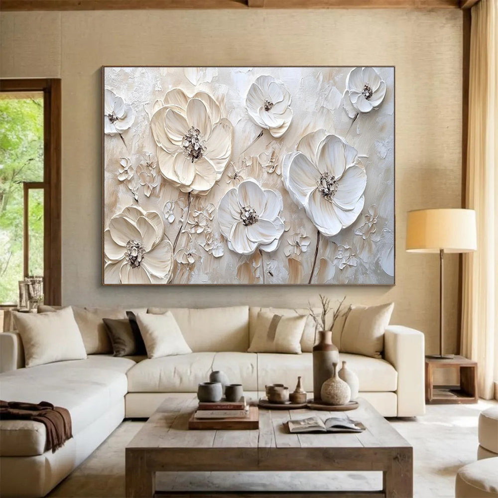 “Textured White Flowers on Beige” - Impasto Floral - Painting On Canvas PT1769