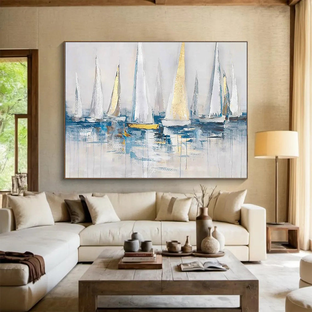 “White - Gold Sailboats” - Impressionistic Nautical Painting On Canvas PT257