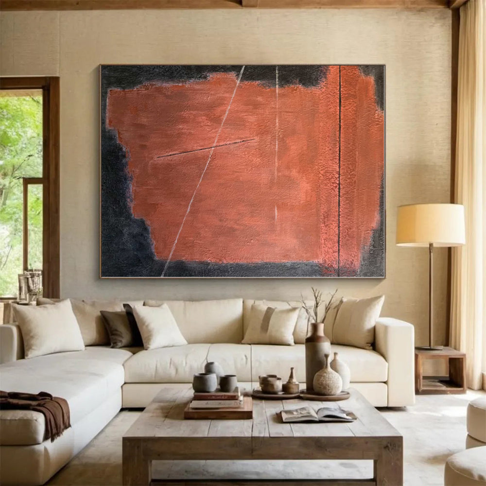 “Rust - Black Minimalist Geometry” - Rust, Black Abstract Painting On Canvas PS0457